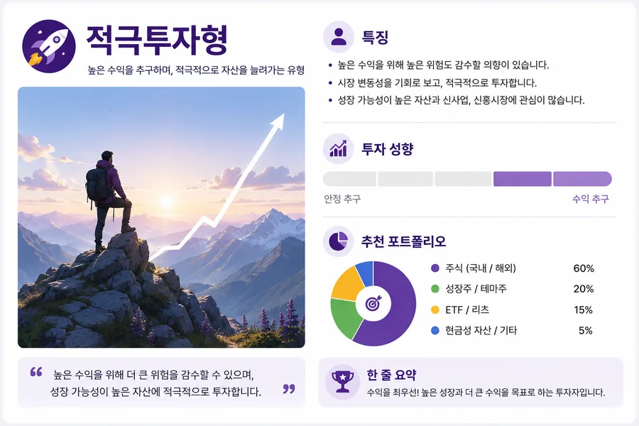 적극투자형 투자 성향 결과 카드 — 시장 평균 이상의 수익을 추구합니다