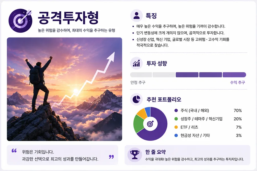 공격투자형 투자 성향 결과 카드 — 높은 위험을 감수하고 높은 수익을 노립니다
