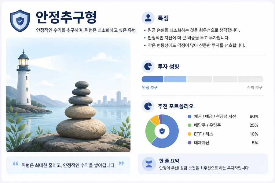 안정추구형 투자 성향 결과 카드 — 안정성 위에 약간의 수익을 더합니다
