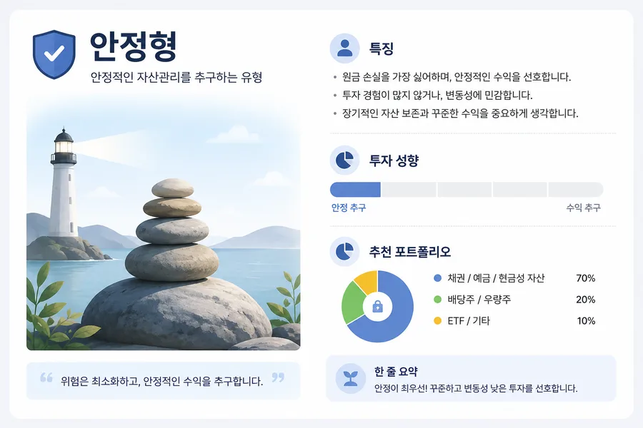 안정형 투자 성향 결과 카드 — 원금 보전이 최우선입니다